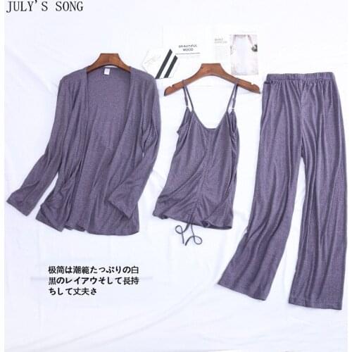 JULYS SONG 2021New Cotton Women Pajamas Set 3 Pieces Stripes Solid Color Casual Sleepwear Strip Sleeves Spring Summer Homewear