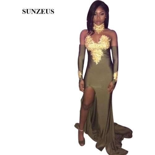 Gold Appliques High Neck Prom Dresses Side Split Sexy Long Party Gowns With Long Sleeves Robe De Soiree