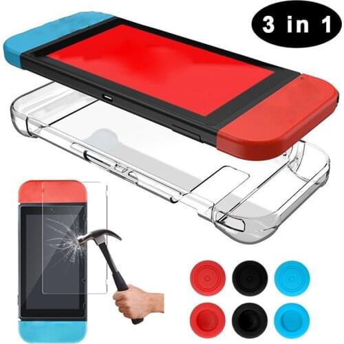 For Nintendo Switch Transparent Back Hard Case +Tempered Glass Screen Protector + 6pcs Thumb Grips Caps