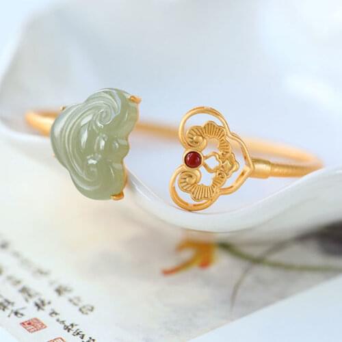 S925 Sterling Silver Jasper Bracelet Hetian Jade Green Jade Blessing Bracelet Retro Ruyi Opening Bracelet Ornament for Women