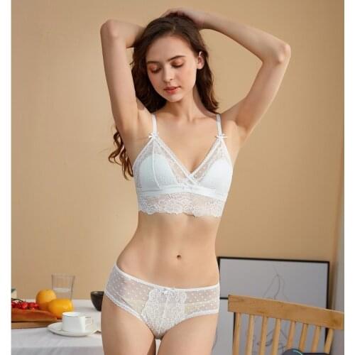 Sexy Lace Thin Lined Triangle Bra without Stone U Backless Mesh Transparent Panty Set Underwear Lingerie Women 2020 New Bralette