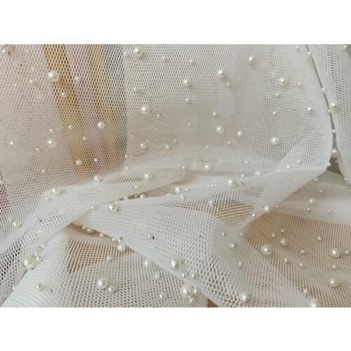 1 yards Off White Mesh Fabric With Pink Pearls Pearl Bead Net Fabric For Couture 2021 New Arrival