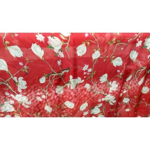 Telas red botton flowers print 100% mulberry silk chiffon fabric for dress/sleepwear Scarf fabric tecido Japan tissu au metre