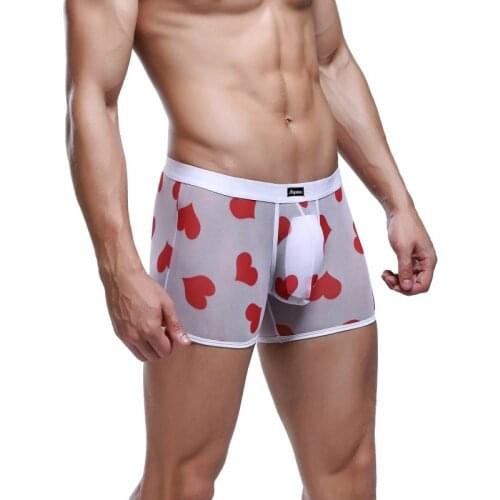 New Sexy Men Panties Mesh Heart Print Low Waist Breathable Underwear Comfortable Fashion Casual Daily Male Boxer Lingerie