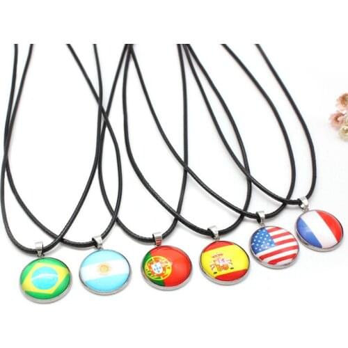 Explosive Football World European Cup Flag Necklace Mens and Womens Stainless Steel Pendant Leather Cord Necklace