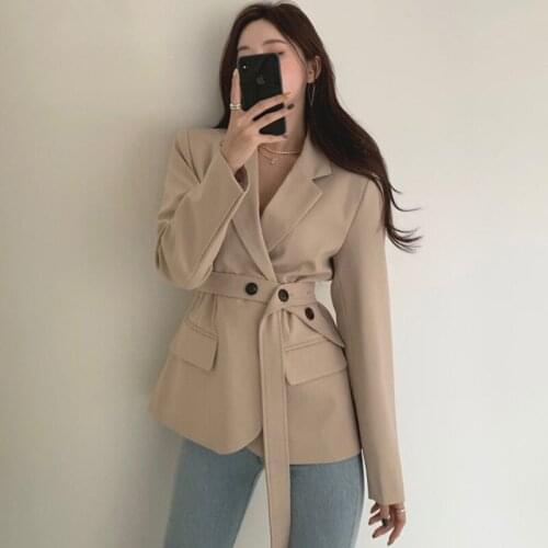 Wenfly Women French Elegant Turn-Down Collar Single Breasted Design Slim Waist Long Sleeved Suit Short Jacket Sashes Outerwear