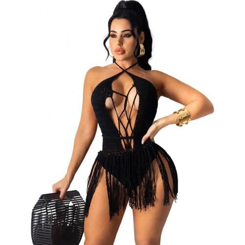 2021 Summer Black Crochet Bikini Cover Up With Fringe Trim Women Sexy Hollow Tunic Beach Dress Bathing Suit Beachwear