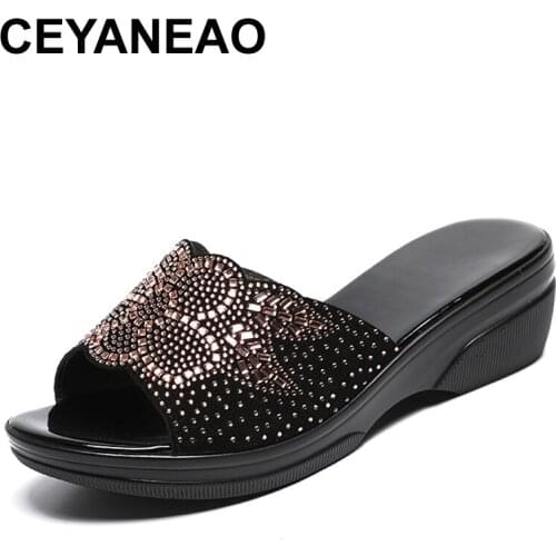 CEYANEAO Women slippers summer 2020 casual shoes genuine leather wedge platform slippers women high heel sandals slides