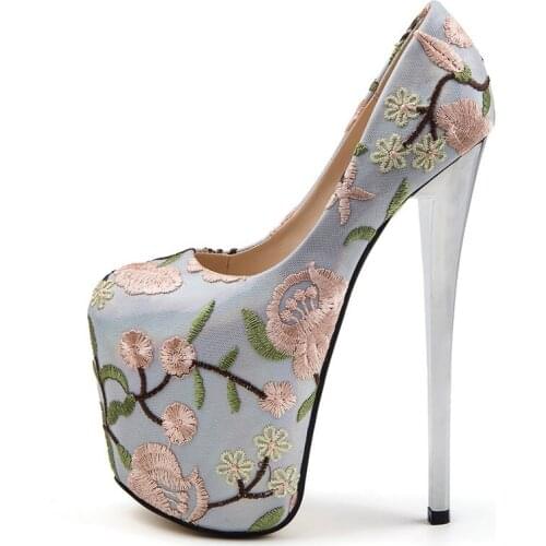 Women Pumps Lace Splicing Floral Jacquard Fabric Vintage Slip On 19CM Thin High Heels Round Toe printing flower shoes for women