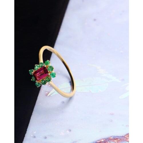 UBESTNICE Solid Pure 14K Yellow Gold Trendy Candy Colorful Geometric 585 Natural Garnet Fine Jewelry For Women Emerald Rings