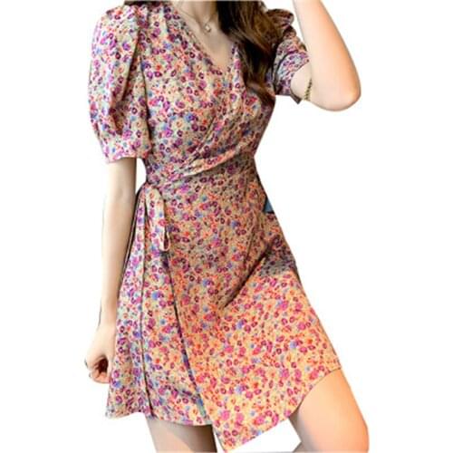 Fashion ladies Bohemian floral V-neck mini dress balloon sleeve elastic slim waist summer women beach style Bow hem dresses N245