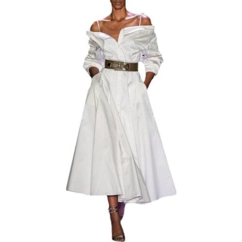 Women Dress Temperament White Maxi Dresses Long Sleeve Off Shoulder Single Breasted Long Dress Plus Size Summer Dresses