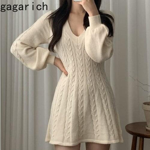 Gagarich Woman Knitting Dresses Korean Chic Autumn Ins Vintage Linen Pattern V-neck Waist Lantern Sleeve A-line Female Vestidos