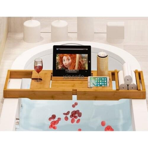 2ASX Retractable Bathtub Rack Support Bamboo Bath Rack Antiskid Tub Caddy Tray Organizer Shelf Bridge Wine Glass Book Holder