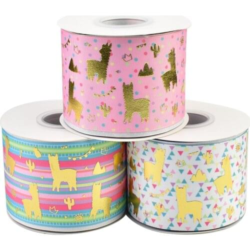 75mm Gold Foil Alpaca Llama Cactus Grosgrain Ribbon For DIY Accessories 50yards Welcome Custom Printed