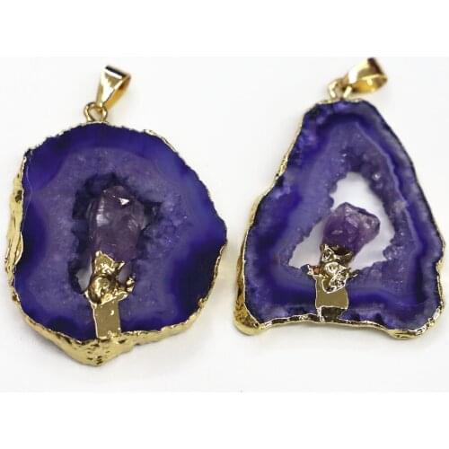 Agates Accessories Natural Sapphires Pendant, Used for Feminine Jewelry, Making Geode Druzy Irregular Gems with Cut Holes