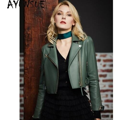 AYUNSUE Fashion Real Genuine Leather Jacket Women Motorcycle Woman Coat Sheepskin Coats Green Korean Women Clothes 2021 LW4843