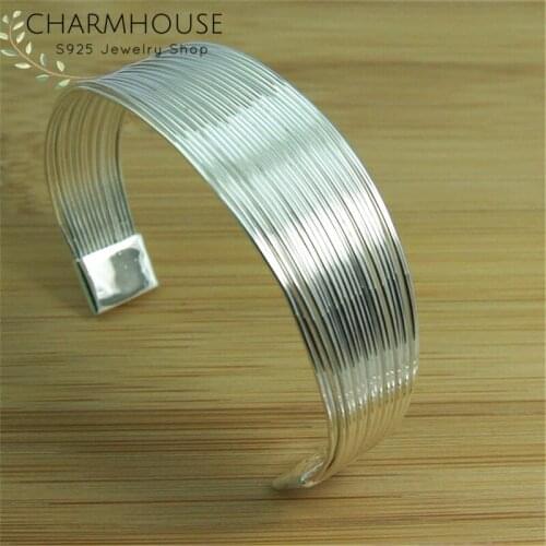 CharmHouse 925 Silver Bangles for Women Multi Lines Cuff Bangle & Bracelet Pulseira Femme Wristband Wedding Bridal Jewelry Gifts