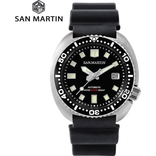 San Martin Diver Watch 6309 Turtle 20 Bar Stainless Steel Men Automatic Mechanical Sapphire Rubber Strap BGW9 Luminous