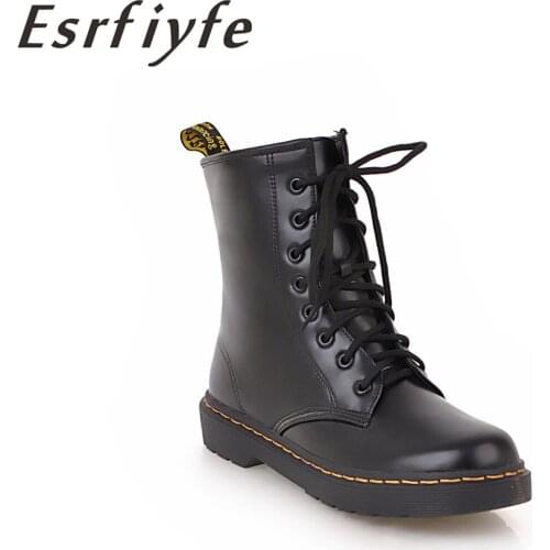ESRFIYFE 2019 New Leather Women Martin Boots Winter Warm Plush Shoes Feminina Female Motorcycle Ankle Boots Fashion Women Botas
