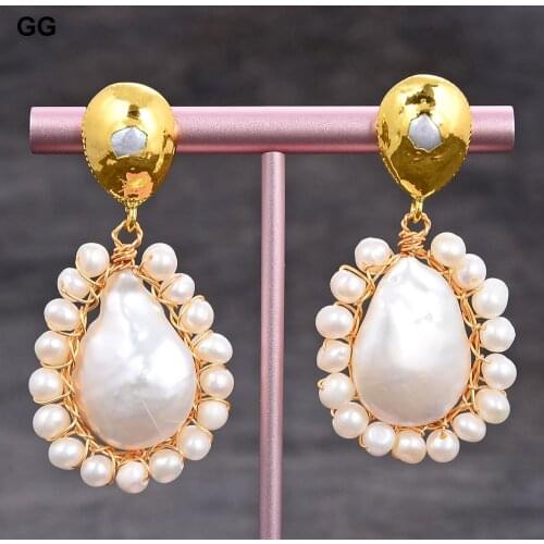 GG Jewelry Handmade Teardrop Natural White Coin Pearl Round Pearl Gold Plated filled Dangle Stud Earrings