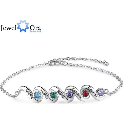 JewelOra Personalized Mother Bracelet with 5 Inlaid Birthstones Custom Name Engraved Bracelets Christmas Gift for Friends