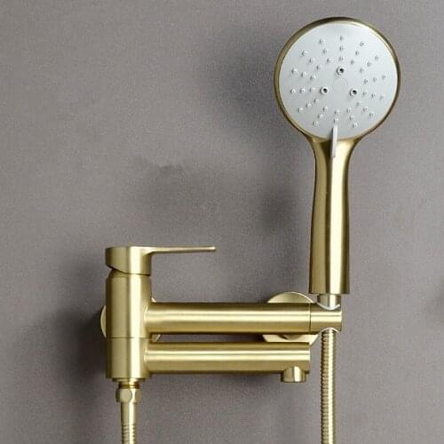 Bathroom Bathtub Faucet Set Hot & Cold Solid Brass Brushed Gold With Handheld Shower Faucet Mixer Tap Wall Mounted Rotating