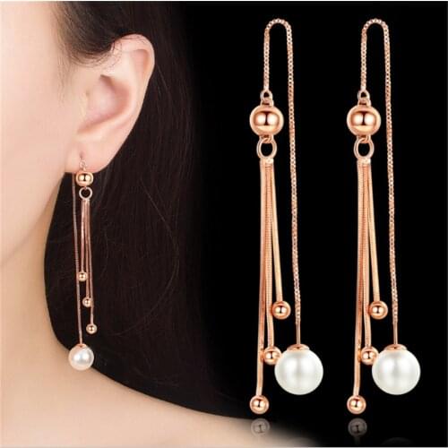 New Unique Drop Ear Line Long Tassel Earrings For Women Rose Silver Color elegant Simulated pearl earring Jewelry Dropshipping