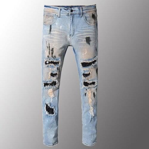 New Mens Jeans Mens Vintage Holes Rivet Patch Slim Skinny Ripped Jeans Casual Trendy Painted Distressed Denim Beggar Pants 42