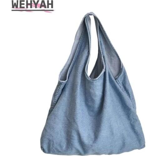 Wahyah Jean Casual Tote Bag Denim Fashion Single Shoulder Bags for Woman Handbags Oversize Portable Clutch Purse Solid ZY012