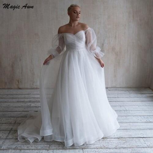 Magic Awn Plus Size Off The Shoulder Wedding Dresses Full Sleeves Beaded Sash Organza Boho Wedding Party Gowns Simple Vestidos