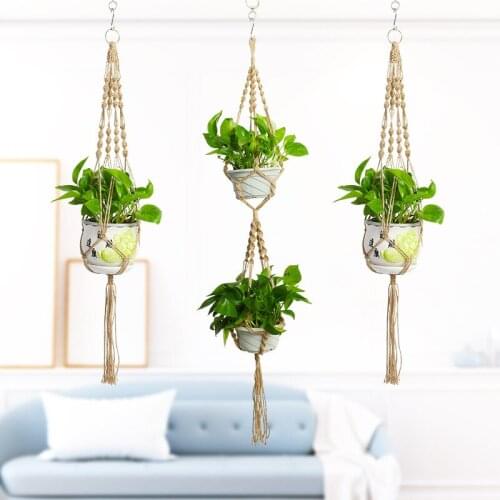 Retro 4pcs Set Gardening Flower Pot Hanger Hemp Rope Hanging Basket Hand-woven Double-layer Planter Hanging Hanger Hooks
