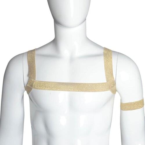 Sexy Men Gold Shiny Stripe Short Shirt Tank Top Elastic Bandage Tank Short Tops Harness Male Elastic Straps Gay Wear Plus Size F