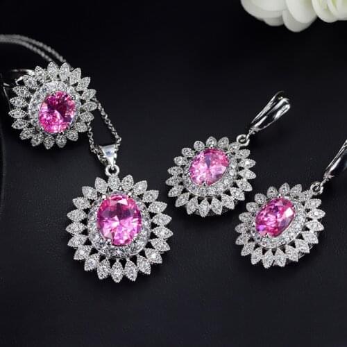 Silver Color Jewelry Set 9 Colors CZ Crystal Joyeria Bridal Jewelry Sets for Wedding Dangle Earrings Ring Necklace Luxury Bijoux