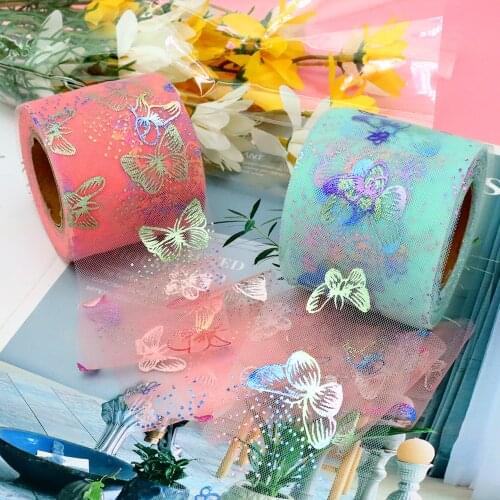 6cm 25Yards Organza Tull Ribbon Colorful Butterfly Printed Soft Mesh Tape DIY Headband Hairbow Bridal Veils Bowknot Dress Supply