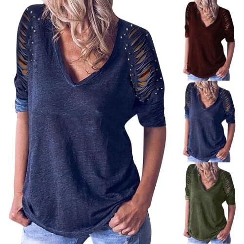 Womens Fashion Solid Color V-Neck Hollow Out Long Sleeve Top Spring Casual Sexy Loose T shirts For Females Dark Color Clothing