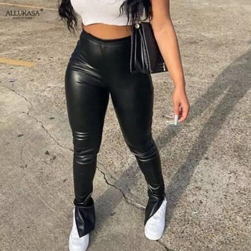 Allukasa Retro High Waist Split Sexy Straight Legs High Womens Pants 2021 Spring PU Artificial Leather Elegant Womens Pants