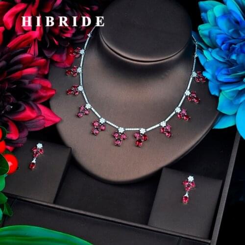 HIBRIDE Red Wedding Jewelry sets For Women Party Dresses Accessories Necklace Sets Earings Set Cubic Zirconia Jewelry N-554
