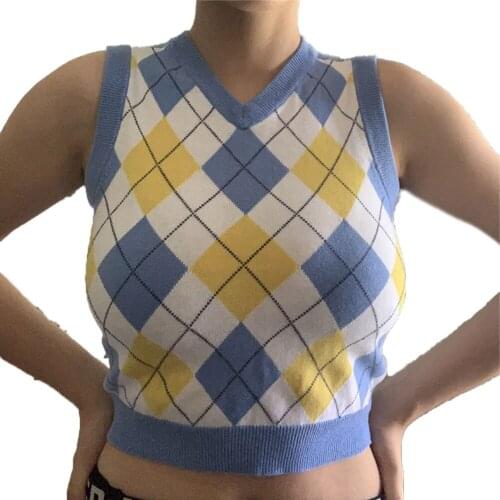 Women Summer Sleeveless Knit Vest Plaid/Solid Color V-Neck Slim Crop Tops Lady Vintage Fashion Woolen Tank Tops