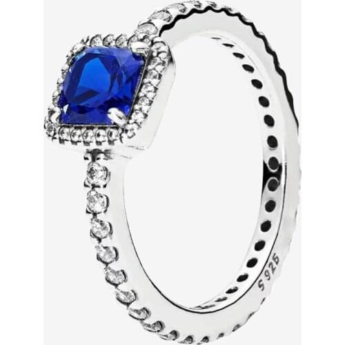 925 Sterling Silver Pan Ring Blue Square With Large Crystal Cz Ring For Women Wedding Party Gift Fashion Jewelry