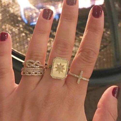 2021 Summer Trendy Gold Filled Paved AAA Cz Sparking Bling Open Adjust Geometric Ring For Women Star Signet Fashion Jewelry