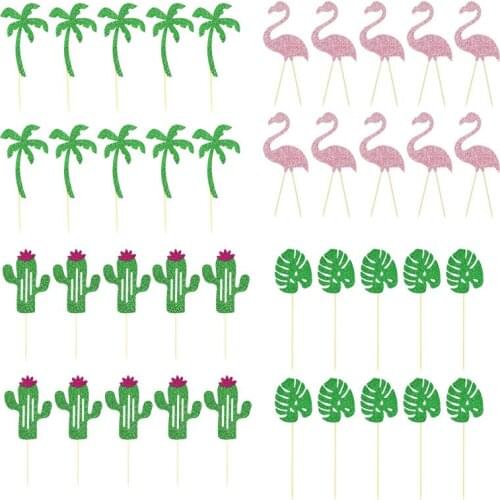 10pcs Flamingo Palm Leaves Cactus Cake Topper Kids Baby Birthday Party Cupcake Topper Tropical Wedding Hawaii Party Decoration