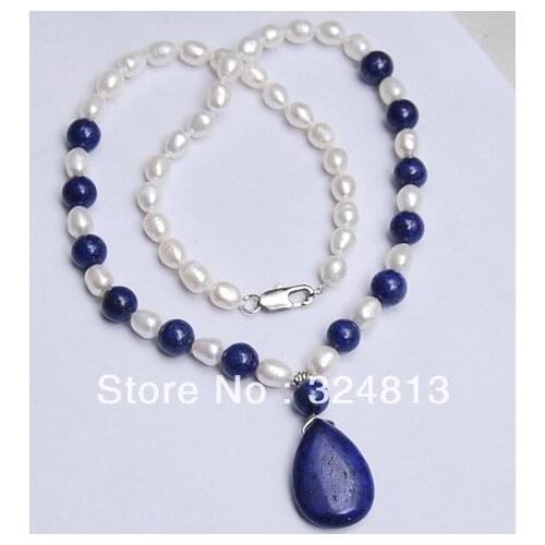 7-8MM White Akoya Pearl/ Lapis Lazuli Pendant(15x20mm) Necklace