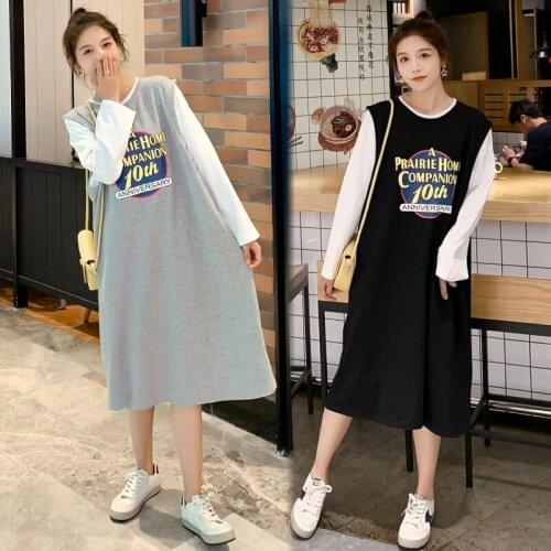 8614# Maternity Clothes O Neck Spring Autumn Cotton False Two Pieces Long Sleeves Loose Stylish Dress Pregnant Women Mom Dress
