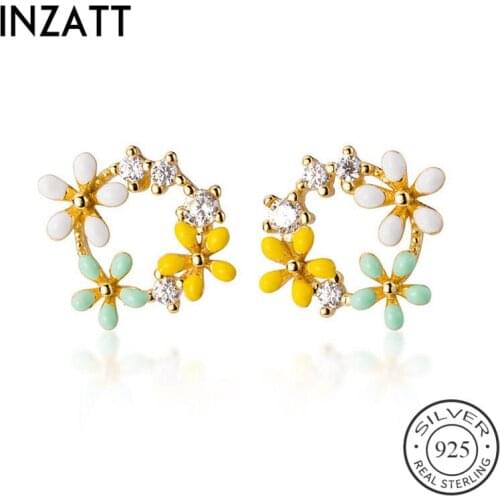INZATT Real 925 Sterling Silver Minimalist Zircon Flower Stud Earrings For Fashion Women Party Cute Fine Jewelry Accessories