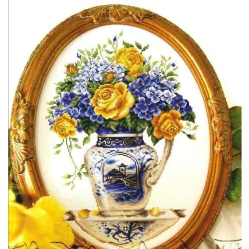 Top Quality beautiful lovely counted cross stitch kit dome blue flower flowers and yellow roses bouquet vase
