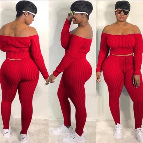 Two piece set Autumn Outfits Tracksuit Women Ribbed Striped Slash Neck Short Tops Pencil Pants Ensemble Femme Dos piezas