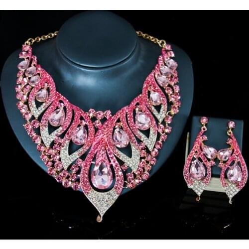 LAN PALACE wholesale price fashion necklace set glass stone wedding necklace and earrings for party free shipping