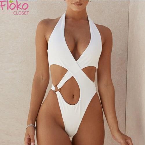 Flokocloset Sexy High Waist Bikini Bandage One Piece Swimsuit Women 2021 Summer Beach Wear Swim Suit