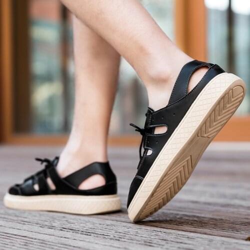 Mens Outdoor Beach Sandals Breathable Hollow Out Sandals Summer Genuine Leather Outdoor Shoes Lightweight Casual Shoes